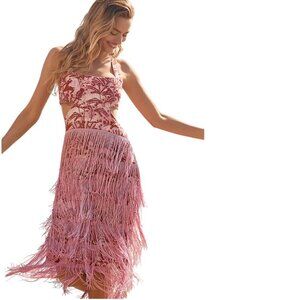 Anthropologie Celandine Linen Fringe Column Midi Dress, Open Back,Linen Blend, L